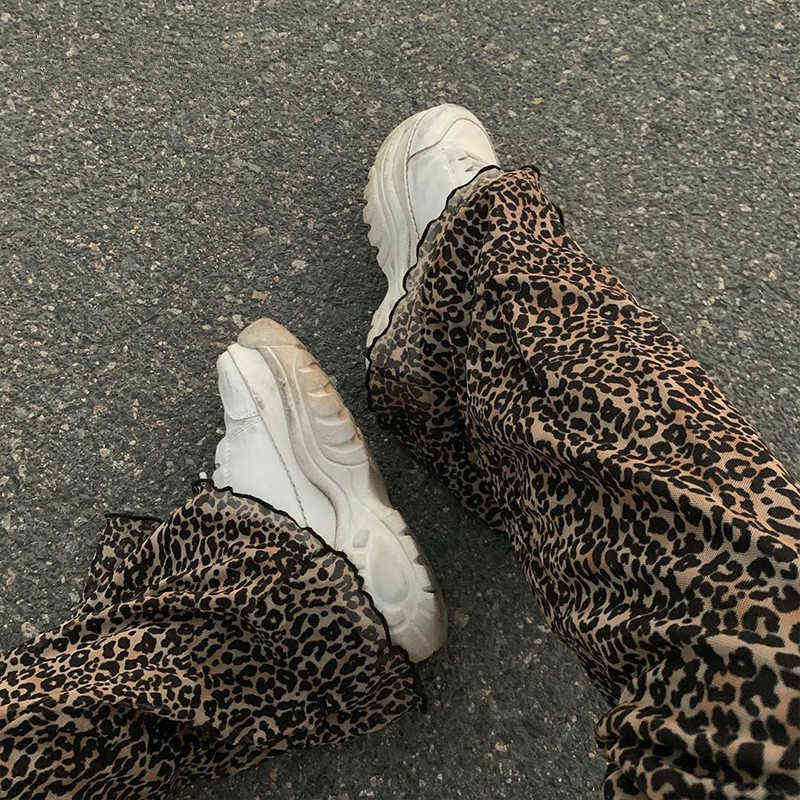 Y2K Pants E Girl Trousers Women Animal Leopard Flare Skinny Pant Two-layers Mesh Aesthetic Female Sweatpants Spring Lady Bottoms 211115