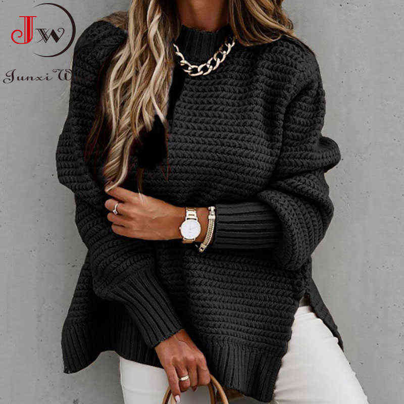 Autumn Winter Women Knitted Sweater Mock Neck Casual Loose Basic Pullovers Warm Elegant Solid Batwing Sleeve Side Split Tops 211123wtt