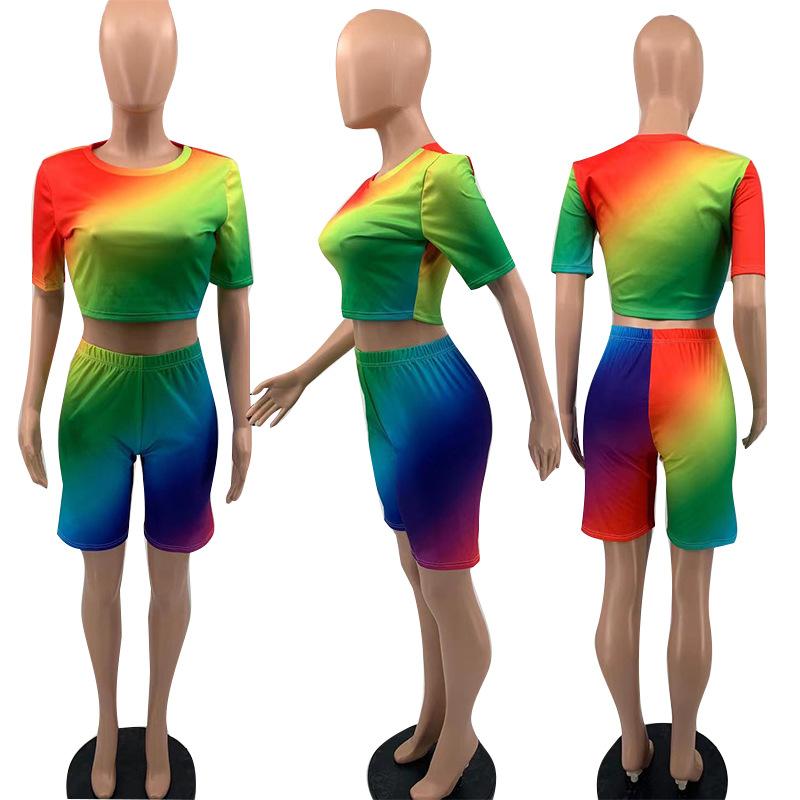 Women's Tracksuits Fashion Rainbow Print Shorts Sets 2021 Est Summer Turtleneck Short Sleeves Vest Tops Casual 2PCS Nightclub Party