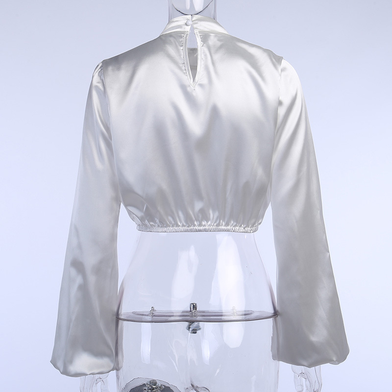 Women Solid Turn-down Collar Black Shirt Satin Top Long Sleeve Blouse Black for Celebrity Club Night Party Prom 210422