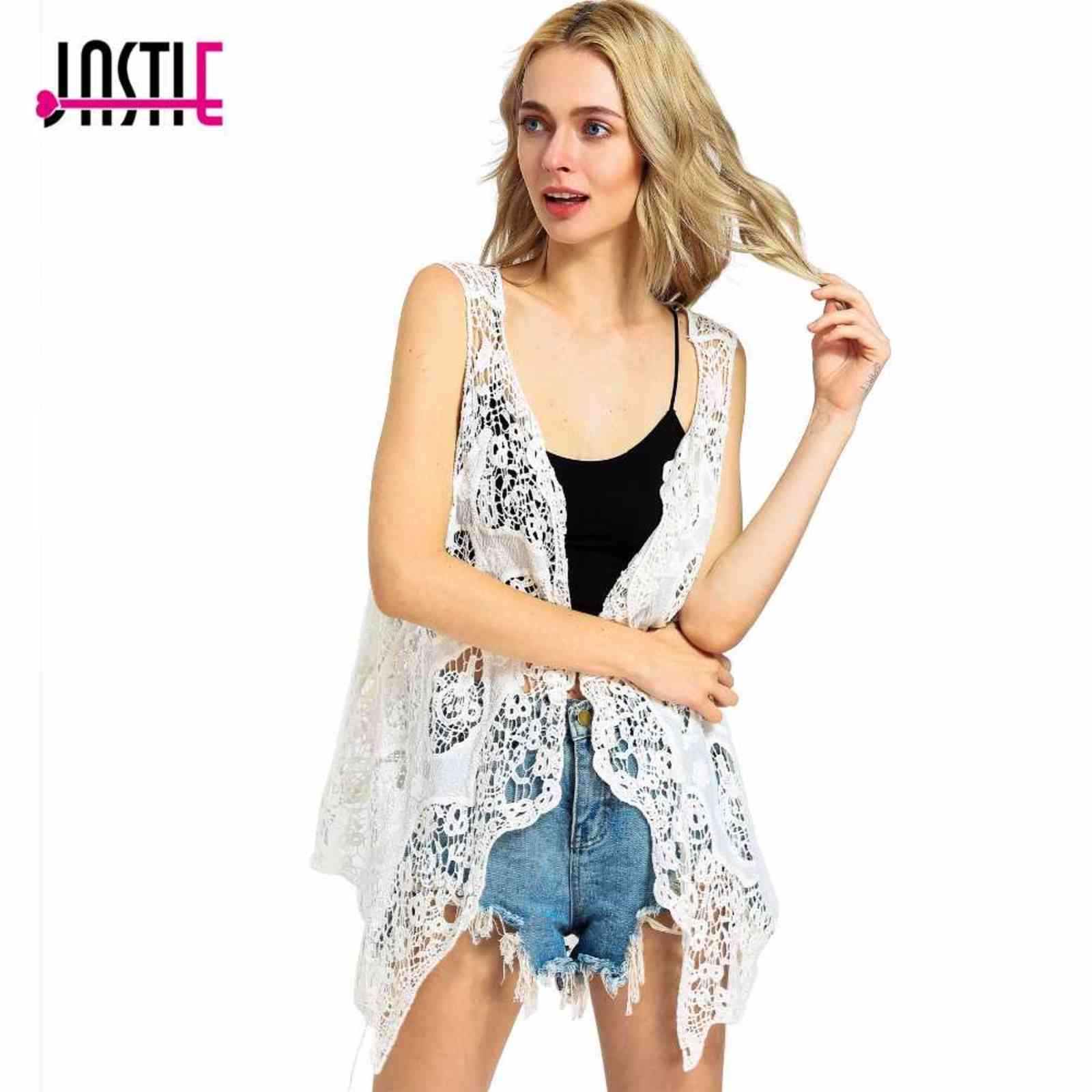 Jastie Summer Beach Cover Up Top Cardigain Hippie Froral Patchwork Lace Vest Retro Vintage Crochet Asymmetric Open Stitch Kimono 211120