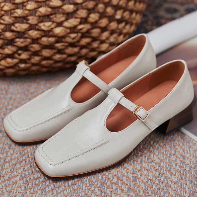 Robe Chaussures En Cuir Véritable Femme T-Strap T-Strap Mary Jane Pumps Square Toe Rétro Casual Heel Student Style d'étudiant confortable pour le