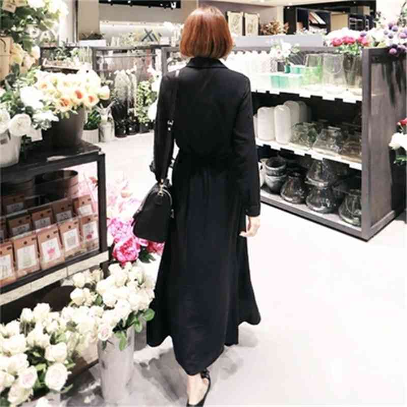 Korean Fashion Solid Long Shirt Dress Women Single-breasted Splitting Ol Style Casual Pleated Dresses Vestidos Black Blue 210518