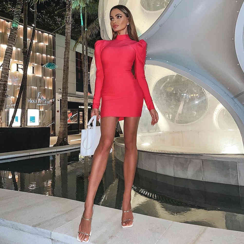 Summer Year Solid Color Rose Red Women's O-neck Long Sleeve Sexy Dress Casual Party Club Wear Rayon Bandage 210525