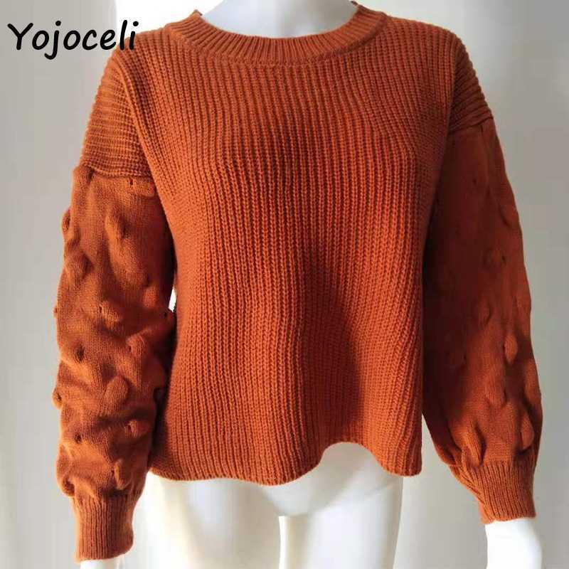 Yojoceli cute puff sleeve knit sweater jumper women long round neck knitted pullover 210609