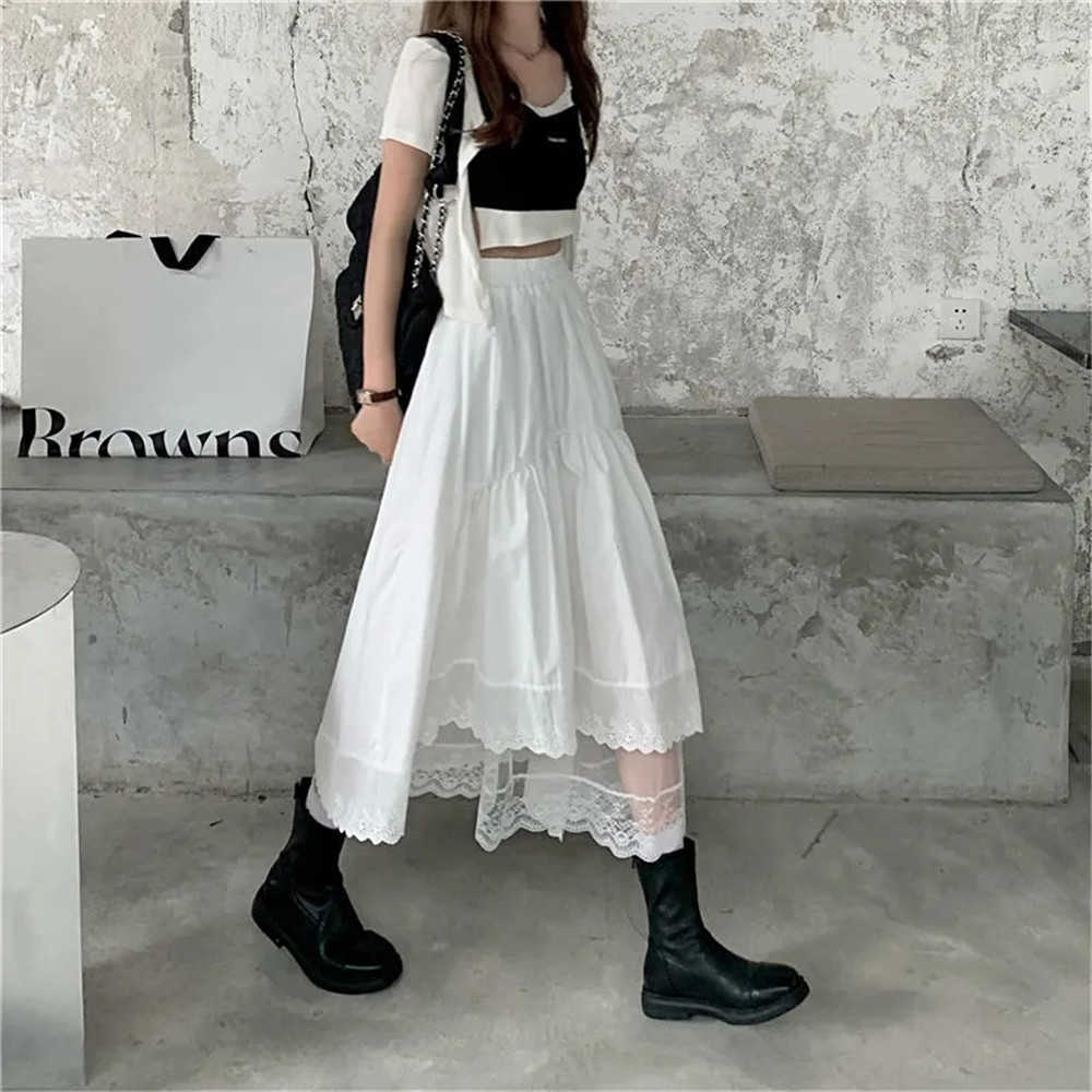 Dark Academia 3-Layer Mesh Lace Tull Skirt Black Gothic Stitching Irregular Pleated Skirt Women White High Waist Long Saia 210619wtt