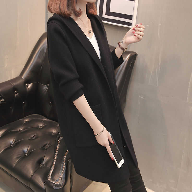 Plus Size Women's Hooded Cardigan Coat Autumn Winter Korean Loose Thicken Warm Lady Mid-Length Knitted Tops 5XL Pull Femme 210917