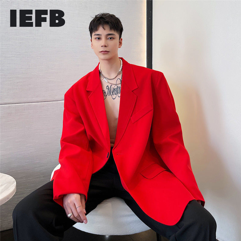 IEFB Men's Wear Early Spring Red Suit Coat Fashion Single Breasted Blazer Tops Notched Collar Long Sleeve Big Size Cloth 9Y5545 210524