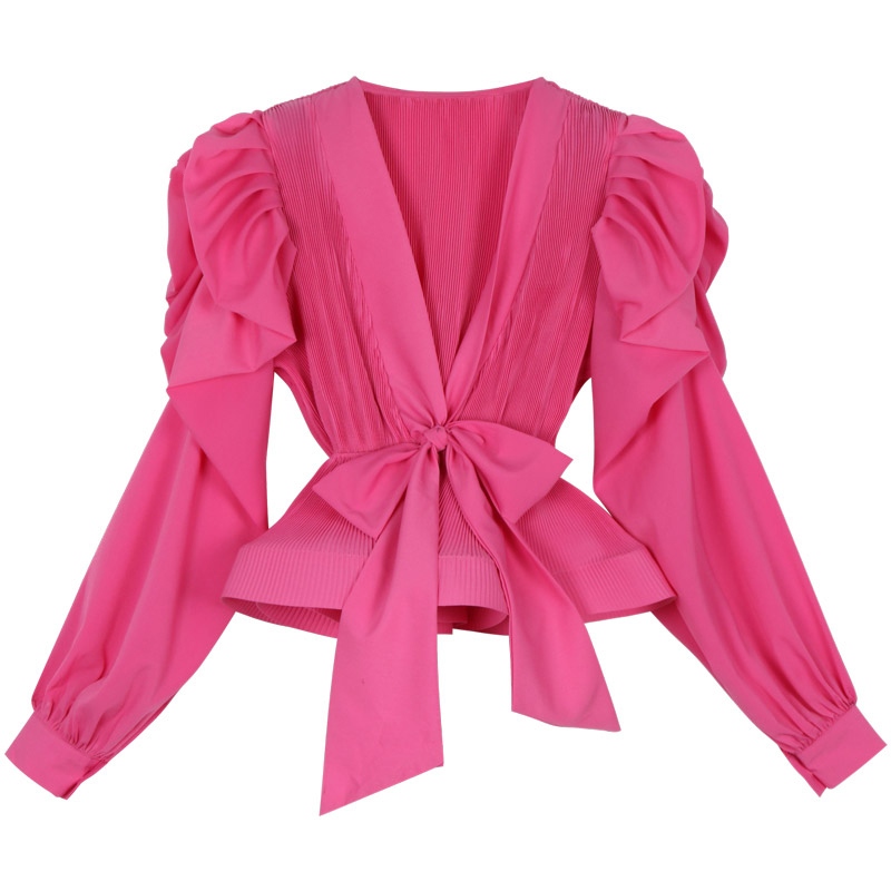 Casual Patchwork Pleated Women Blouse V Neck Lantern Long Sleeve High Waist Lace Up Ruffle Shirt Female Fashion 210524