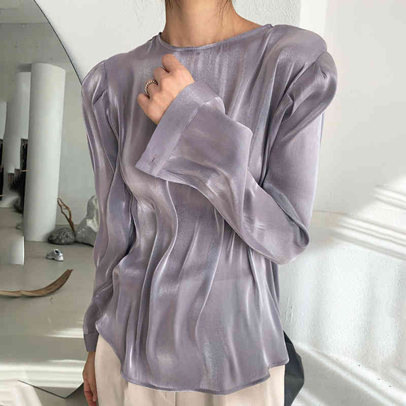 Nomikuma Causal O-neck Women Blouse Korean Thin Pleated Pullover Tops Spring New Long Sleeve Blusas Mujer De Moda 6D923 210427