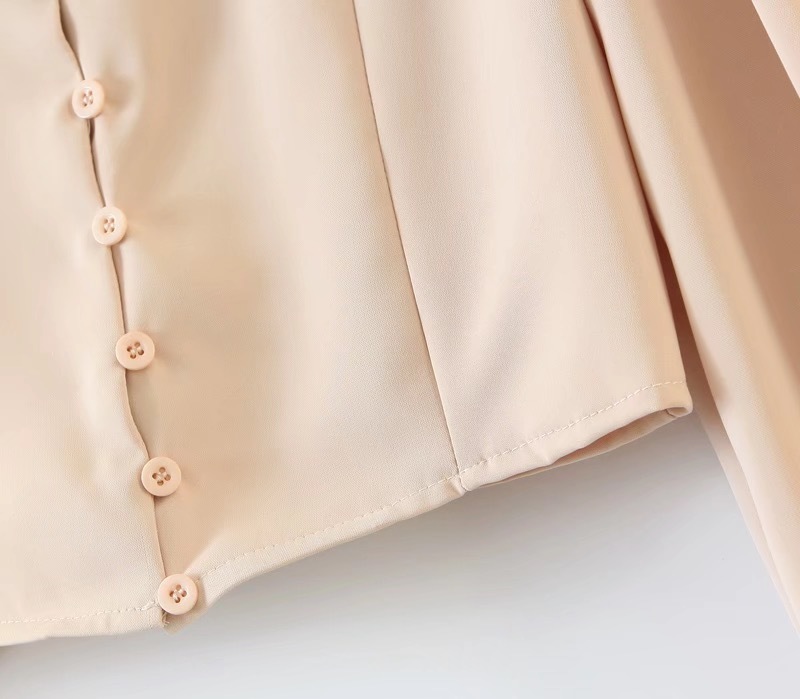 Retro Notched Collar High Waist Short Shirt French Apricot Single-breasted Button Long sleeve Women Blouse Vintage Tops 210429