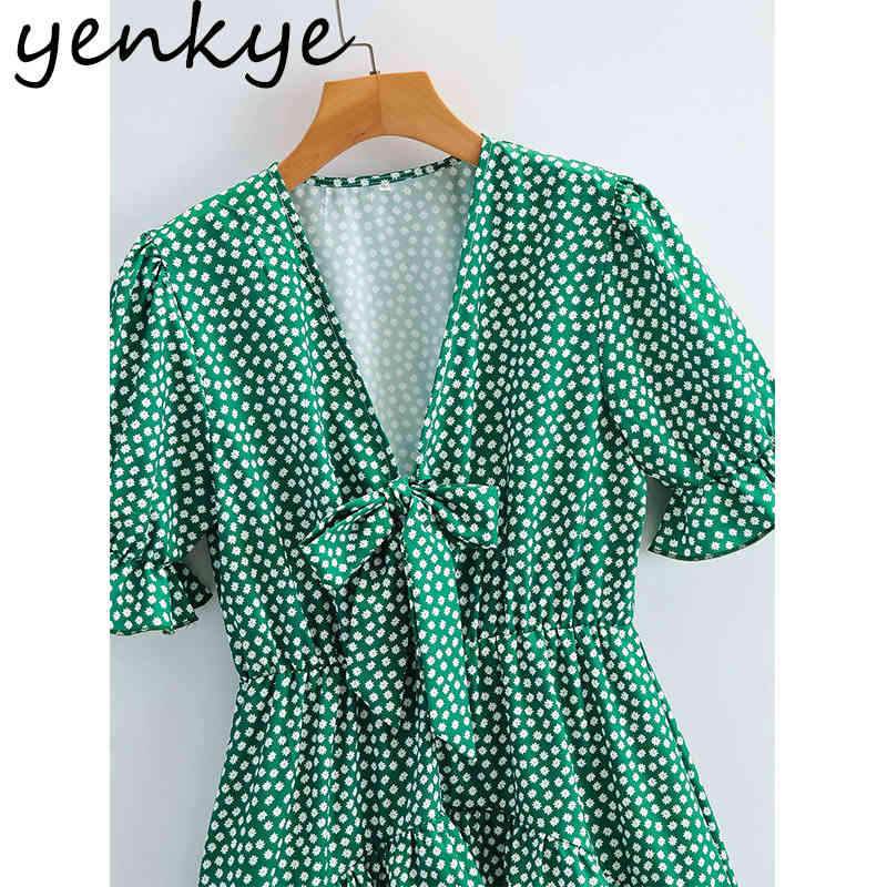 Green Floral Print Ruffle Dress Women Bow Tie V Neck Short Sleeve A-line Mini Summer Holiday Vestido 210430