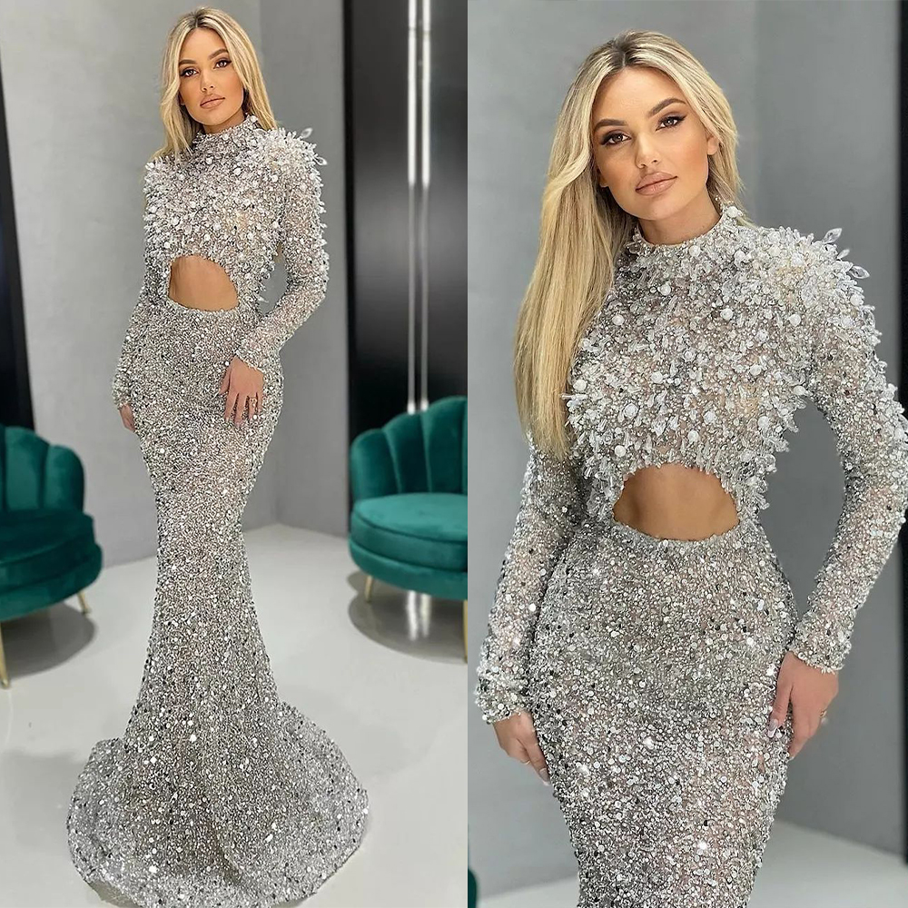 Sage Prom Dress High-neck Long-sleeves Custom made Sequined Floor-length Formal Party Evening Dresses