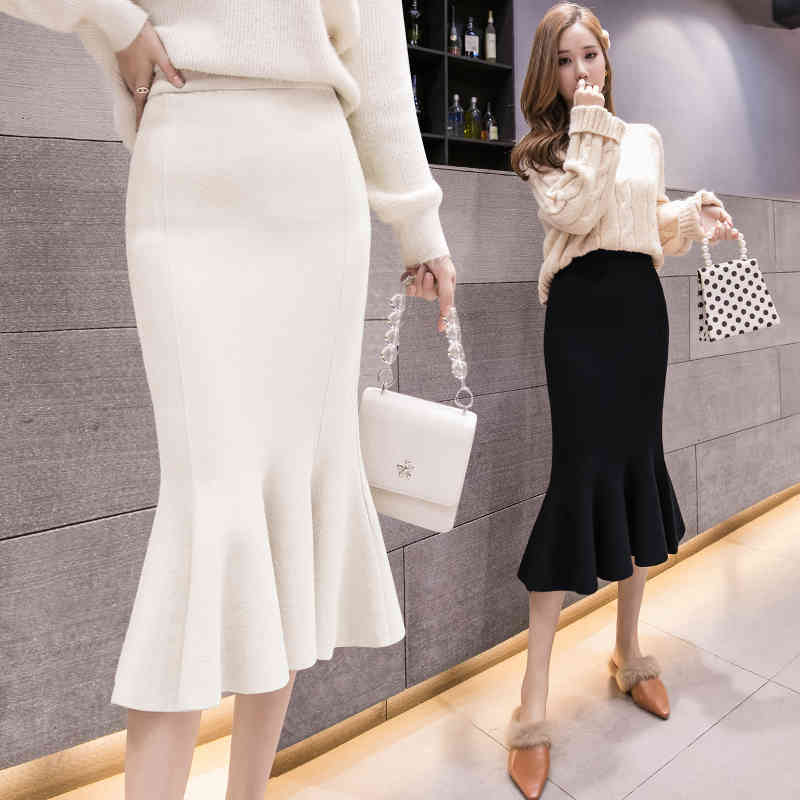 Nomikuma Knitted Mermaid Skirt Korean Solid Sexy Stretch Slim Women Sweater Skirts Autumn Winter New Elegant Faldas 6C953 210427