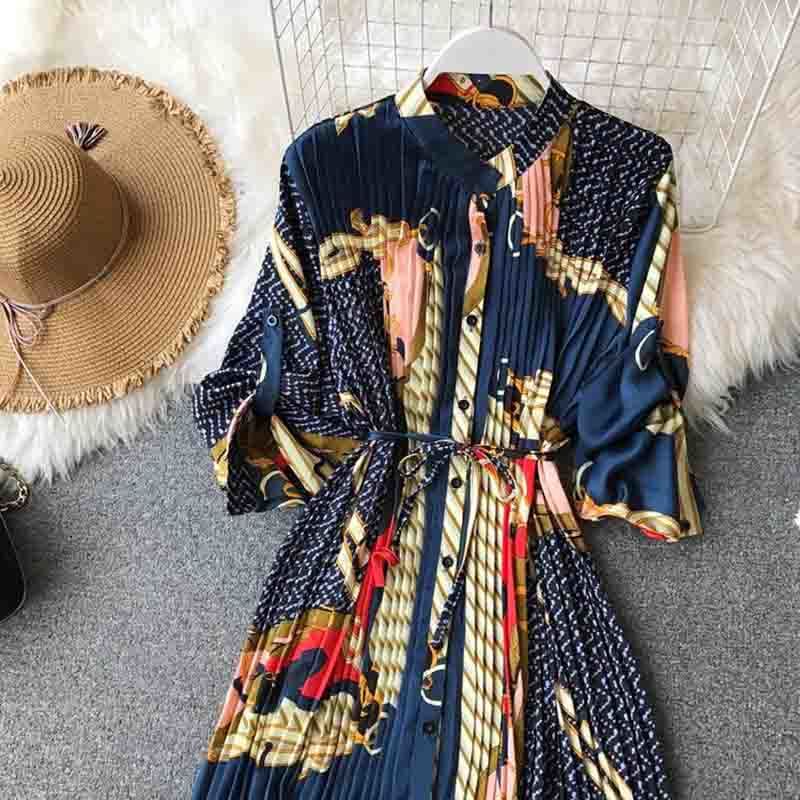 Spring Chiffon Dress Long Sleeve Loose Print Pleated Dress Women Fashion Stand Single-breasted Plus Size Mini Dresses 210521