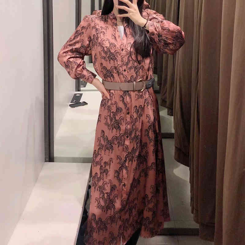Casual Woman Loose Zebra Print Satin Belt Shirt Long Dress Spring Fashion Ladies Soft Dresses Female Elegant 210515