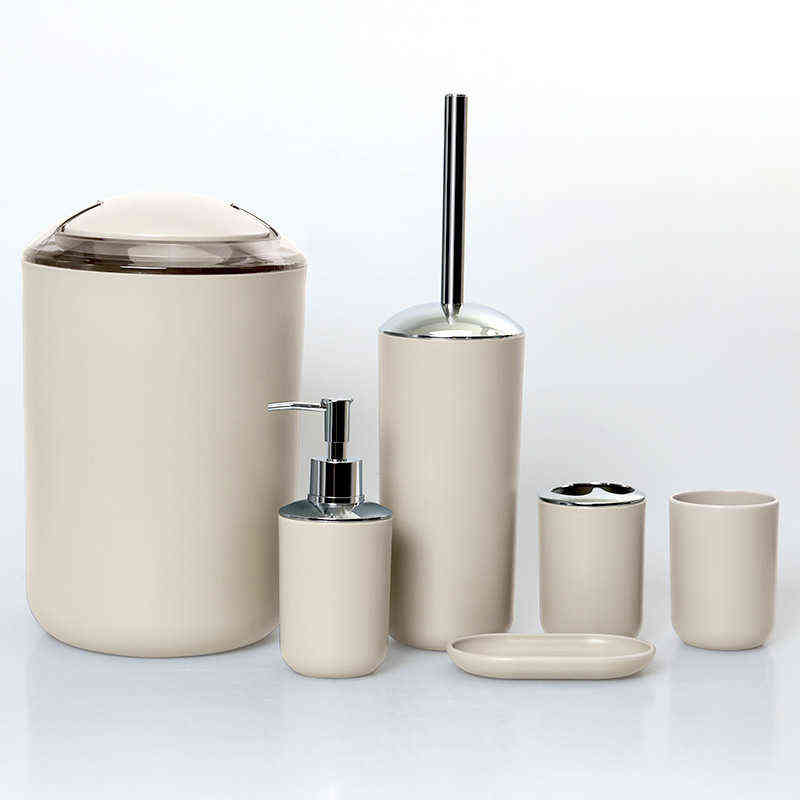 6Pcs Bathroom Accessories Set Toothbrush Holder Cup Soap Dispenser Dish Toilet Brush Trash Can Plastic Tumbler Washroom Tool 211222
