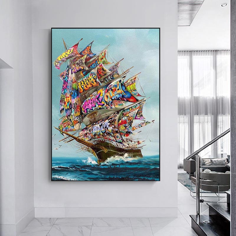 Abstract Graffiti Boat Vintage Poster Canvas Painting Posters and Prints Wall Art Pictures for Living Room Home Decor Cuadros