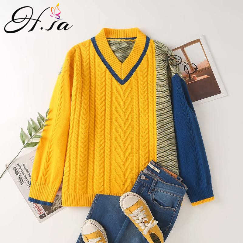 H.SA Women Winter Sweater Pullovers V neck Patchwork Purple Haraju Jumpers Oversized Knit Loose Knitwear Twisted Winter Sweaters 210716