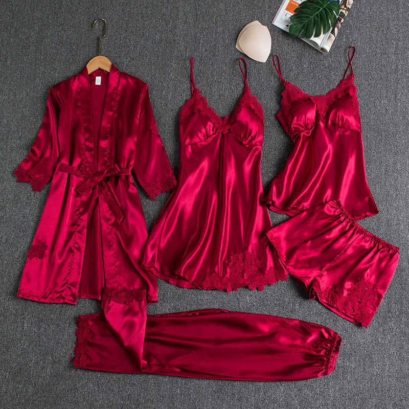Sleepwear Sleep Suit Female 5PCS Pajamas Set Sexy Satin Pyjamas Lace Bridal Wedding Nightwear Satin Nighty&Robe Home Wear 210924
