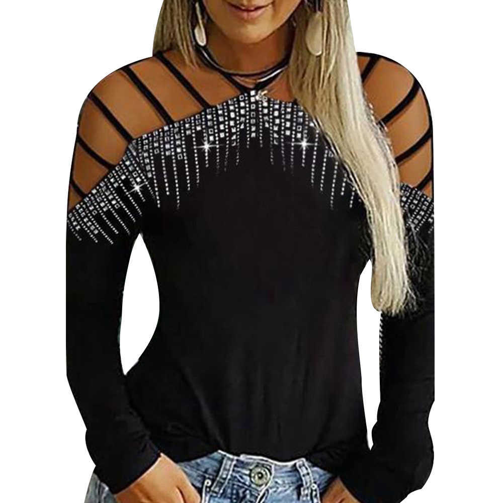 Women Hollow Shiny Long Sleeve T-shirt Loose Top Ladies Casual Shirt Large Size Off Shoulder Pullovers Womans Clothings D30 X0628