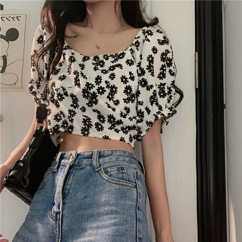 crop top women daisy Short blouse vintage summer fashion print Floral shirt Casual Chiffon blouses boho tops 210510