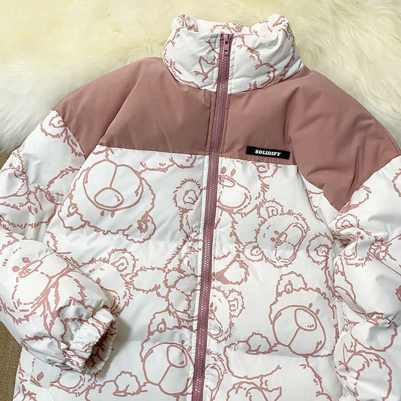 Fashion Cartoons Printed Cotton Windbreaker Jacket Zip Coats Jackets Winter Women Warm Thicken Outwear Loose Parka Coat 210819