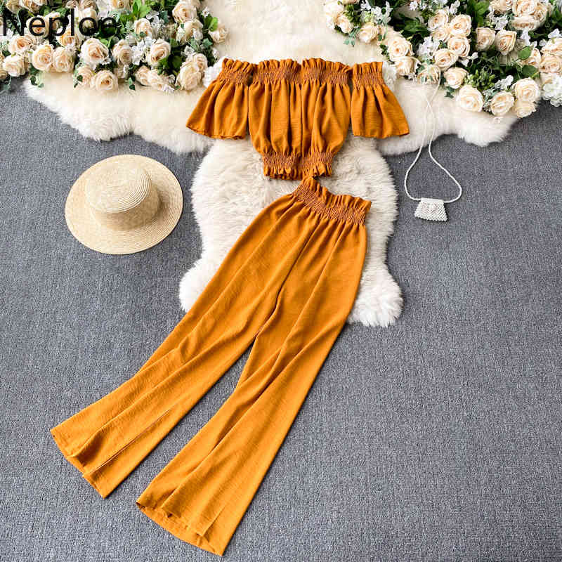 Neploe 2 Piece Outfits Women Slash Neck Ruffles Shirt Crop Tops High Wasit Wide Leg Pans Femme Roupas Two Piece Set Chic Suit 210422