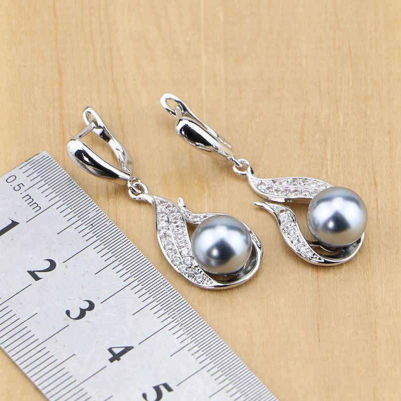 Silver 925 Bridal Jewelry Sets Pearls Beads For Women Wedding Drop Earrings Necklace Ring Natural Black Zircon