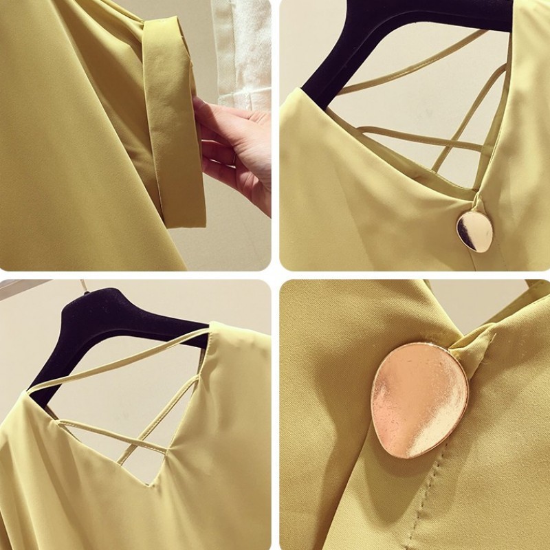 Solid V-neck Chiffon Blouse Women Blusas Mujer De Moda Summer Korean Short Sleeve Office Lady Yellow Clothes Blusa 9306 50 210506