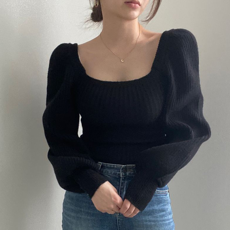 Nomikuma Korea Chic Autumn Winter Women Sweater Square Collar Puff Long Sleeve Causal Knitted Pullover New Pull Femme 6C870 210427