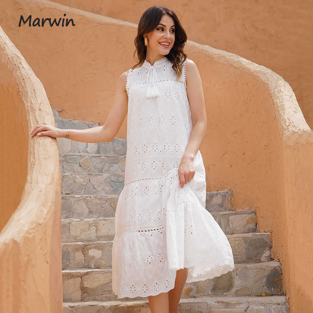 Marwin Long Simple Casual Solid Hollow Out Pure Cotton Holiday Style High Waist Fashion Mid-Calf Summer Dresses Vestidos 210623