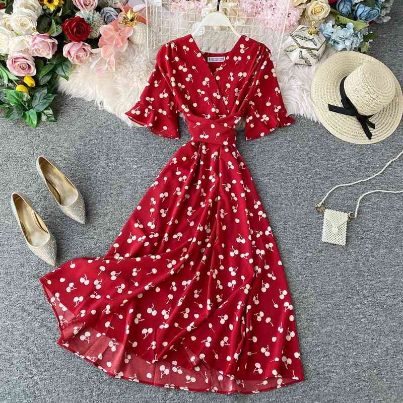 Heart Print Dress Women Elegant Korean Maxi Dresses Lady A Line Vintage V Neck High Waist Bandage Vestidos Party Robe 210519