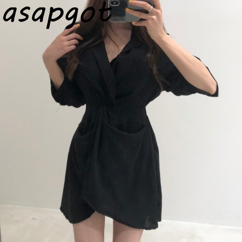 Spring Casual Retro Slim Waist Big Pocket Long Sleeve Lapel Irregular Shirt Dress Women Mini Solid Fashion Clothes Vestidos 210429