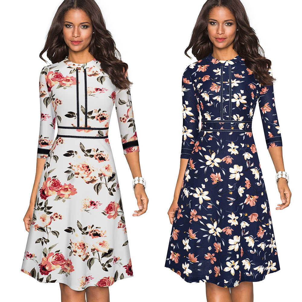 Nice-forever Vintage Elegant Patchwork Round neck Pinup Female vestidos Business Party Flare A-Line Retro Women Dress A135 210630