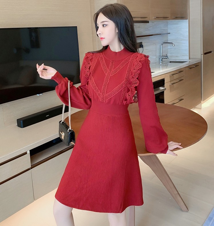 Autumn Winter Elegant Lace patchwork Sweater Dress Vintage Women lantern Long Sleeve A Line thick Knit chic mini female 210519