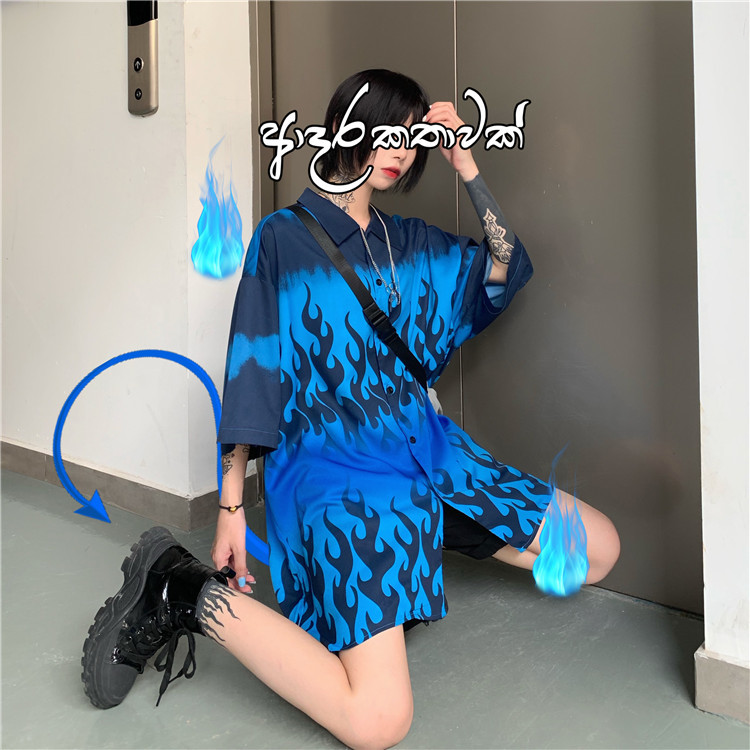 Harajuku Loose Summer Tops Women Man Casual Blue Flame Print Blouse Short Sleeve Oversize Blusas Shirt Hip-hop Streetwear 210519