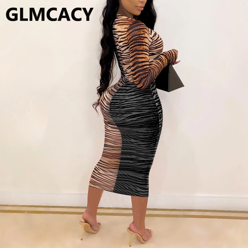Women Tiger Skin Printed Slim Midi Dress Elegant Evening Party Club Dresses Robes 210702