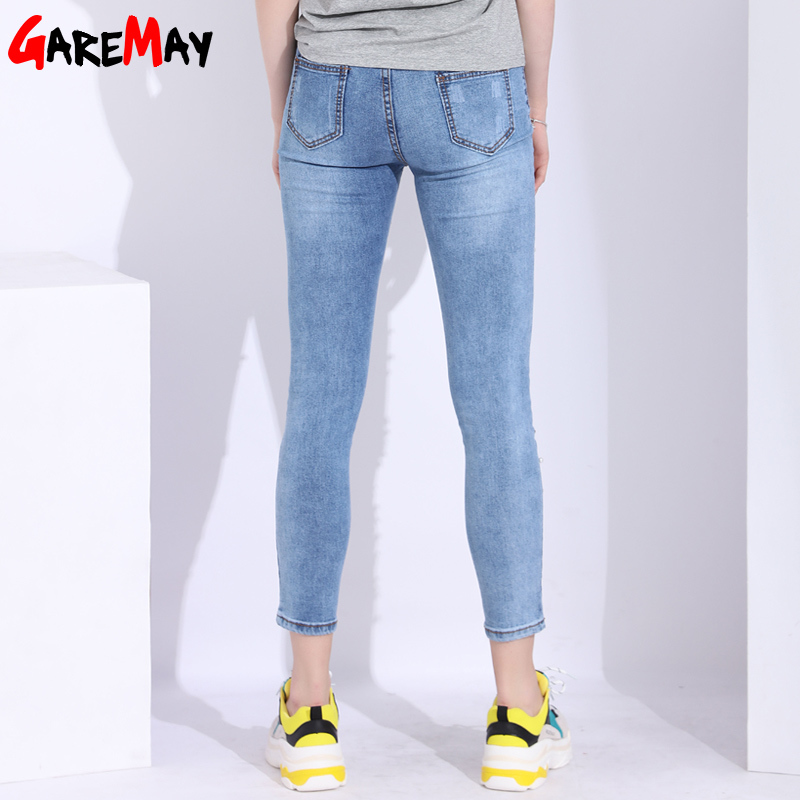 Ripped Skinny Jeans For Women Ankle length Pearl Beads Woman Vintage Slim Denim Pencil Pants Hole 210428