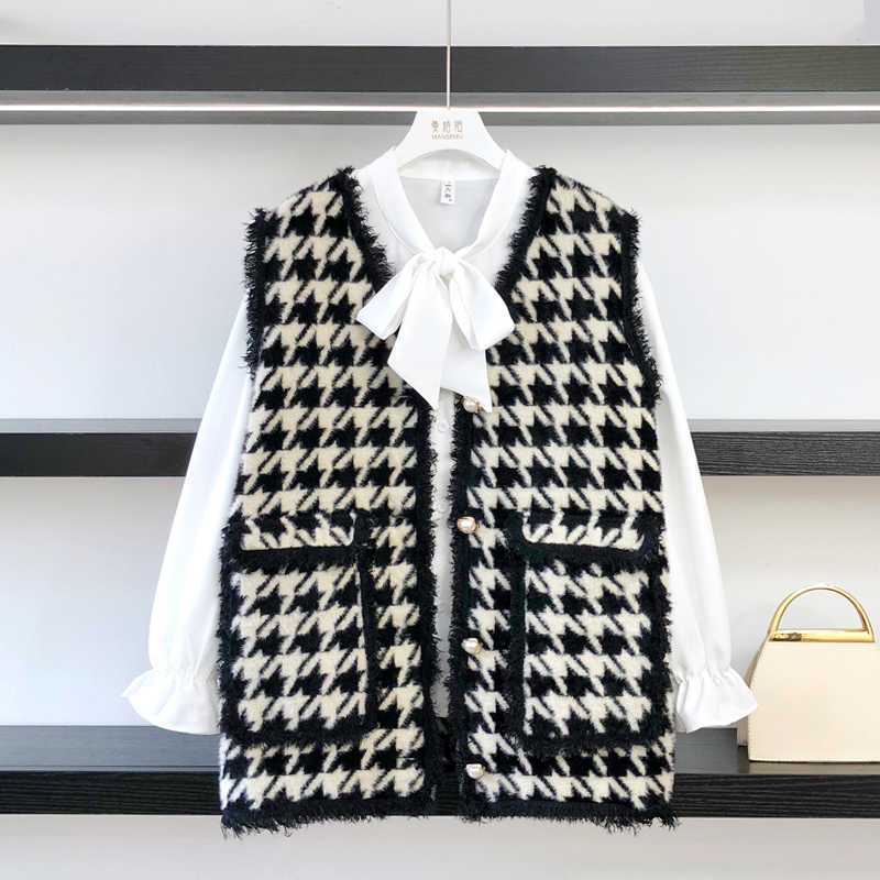 High Quality Houndstooth Faux Mink Fur Women Spring Autumn Single-Breasted Waistcoat Knitted Vest Sleeveless Jacket C-258 210910