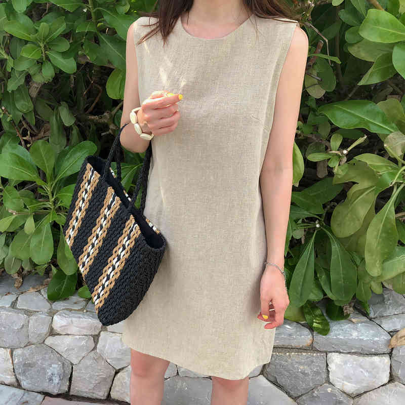 Korean Style Ins Cotton Linen solid Basic Vest Dress Simple Casual Loose O-collar Sleeveless Female Robe Femme 10089 210506