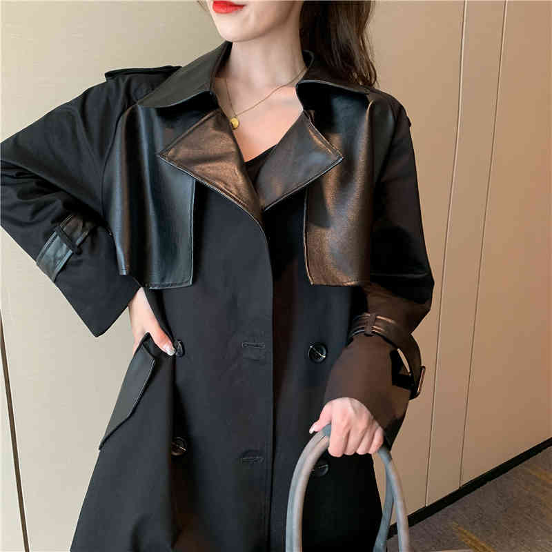 Lace Up Leather Long Handsome Women's Coat Elegant Loose Female Trench With Belt Fashion Single Breasted 210506