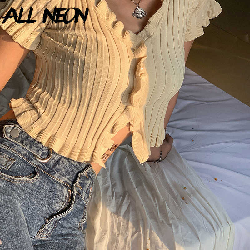 Plain pleated top, jacket with a row of buttons, K-pop, V-neck, short sleeve knitted T-shirt, fashion casual T-shirt 210602