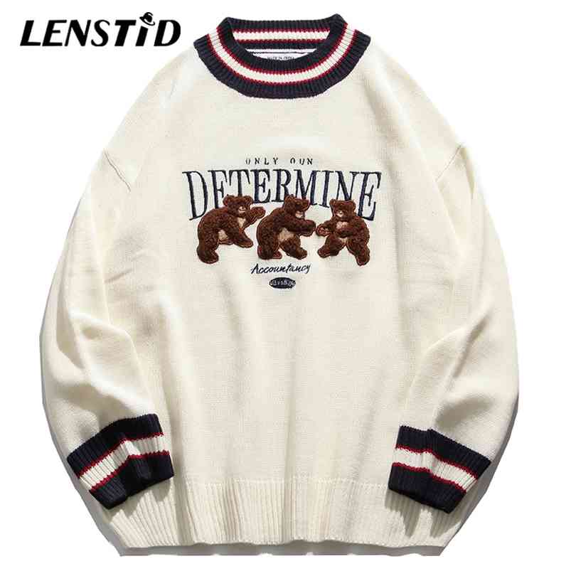 LENSTID Men Hip Hop Knitted Jumper Sweaters Embroidery Bear Streetwear Harajuku Autumn Casual Knitwear Pullovers Fashion Tops 210818