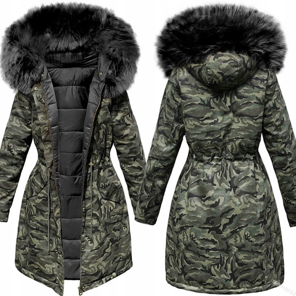 Women Winter Jacket Hooded Parkas Camouflage Coat Loose Parka Fur Collar Cotton Padded Jackets Fashion 210428