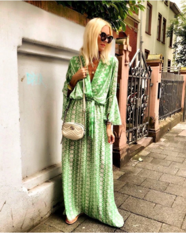 Women Dress Flare Sleeve V-neck Print Bohemian Dresses Long Plus Size Pink Green Summer Fashion 210524
