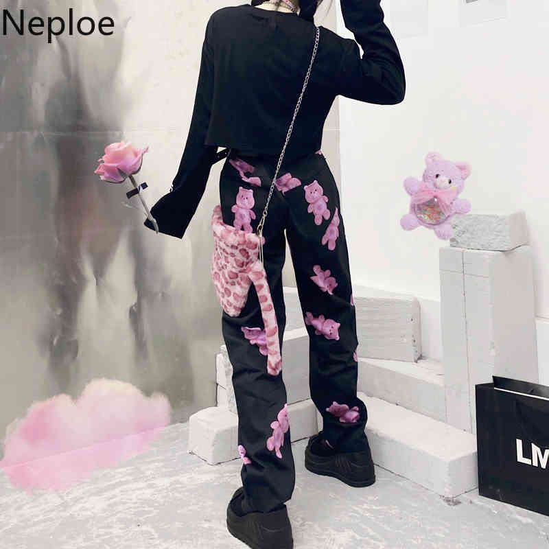 Neploe Women Pants Black Bear Print High Waist Trousers Korean Style Spring Slim Fit Loose Straight Casual Pantalong 4h671 210422