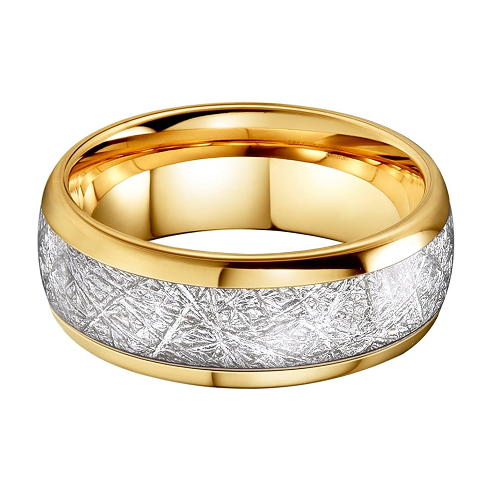 Luxury Mens Jewelry Accessories 8mm Gold Tungsten Carbide Ring Inlay Silver Meteorite Pattern Wedding Band for Men