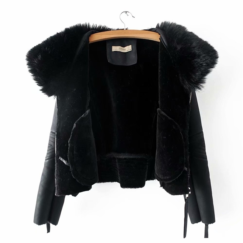 fashion women faux lamb wool fur leather jacket winter streetwear lady black outerwear with soft collar cool female suits 210527