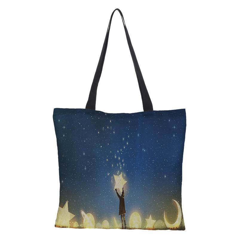 Shopping Bags Customized Women's Shoulder Burlap Bag Double-sided Printing Fantasy Starry Sky Foldable Reusable Large-capacity Leisure, 07